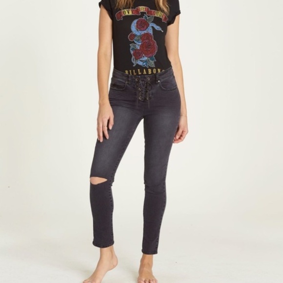 Billabong Denim - Grey Billabong ripped high waisted skinny jeans